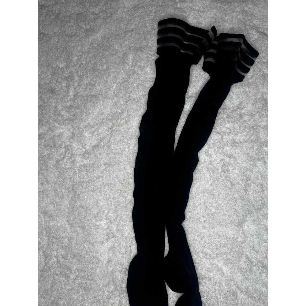 Black Opaque Thigh High Stockings with Striped Mesh Top Band